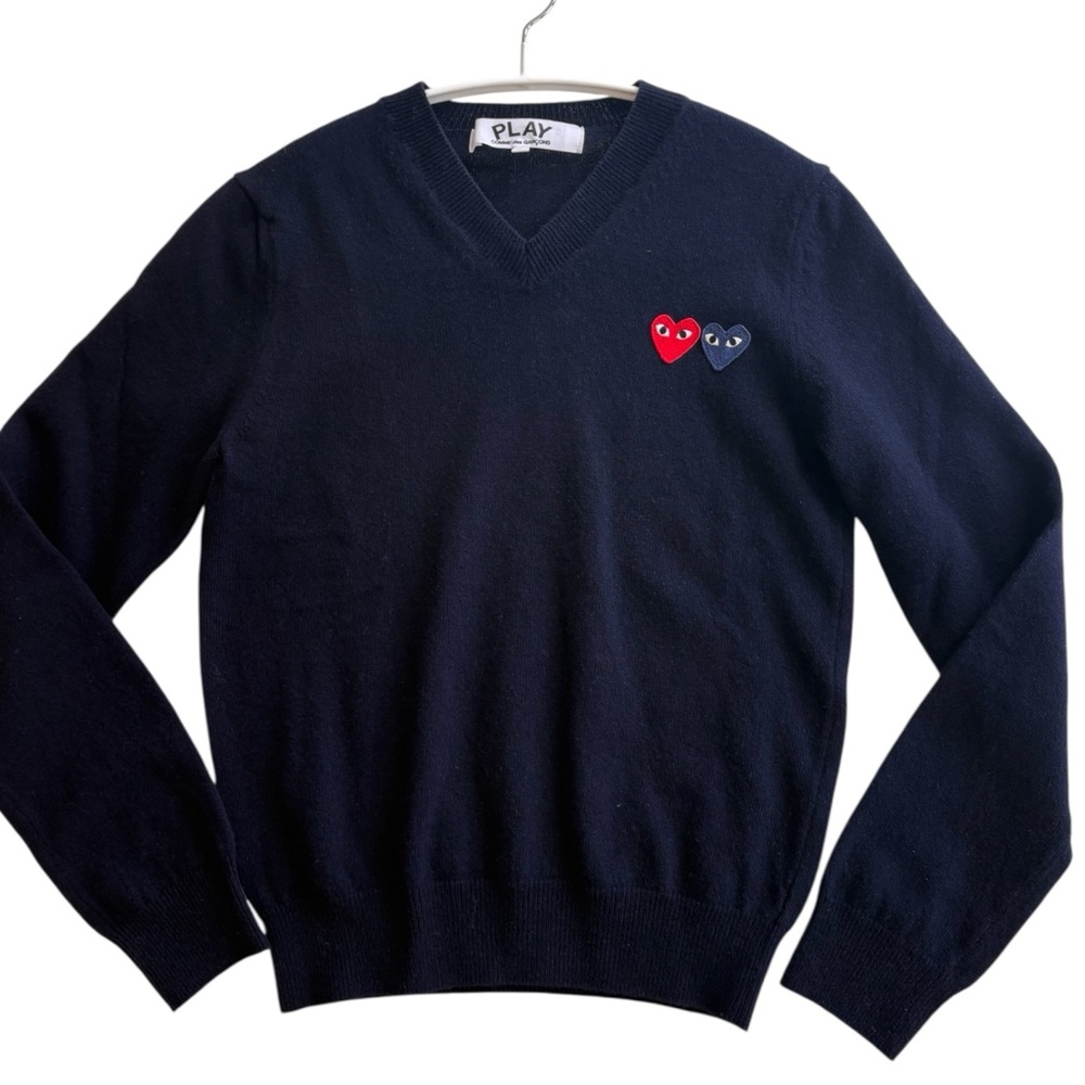 Comme des Garcons V-Neck Sweater in Navy with Heart Details